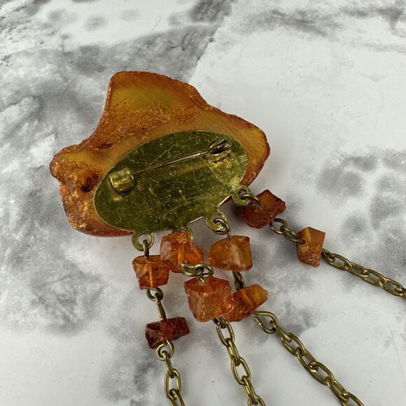 Vintage Art Deco Baltic Amber Collar Pin Brooch Dangle Beds Chain Gold Tone - Picture 4 of 7